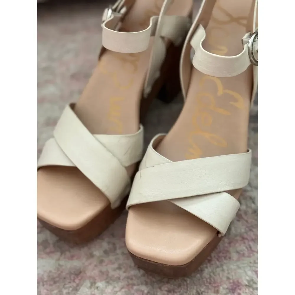 Sam Edelman Women’s Sz 10 Josephine Wood Block Platform Sandals Cream Leather